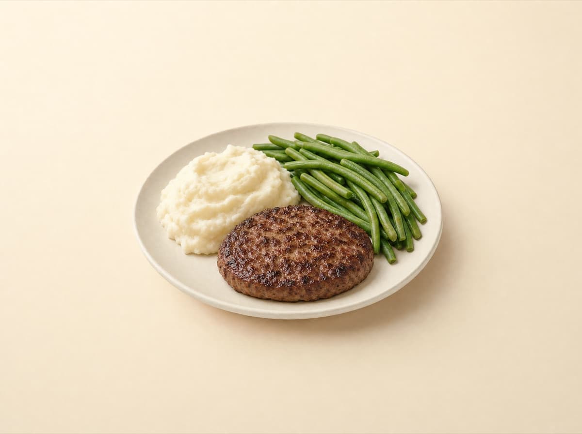 The plate: beef patty with mashed potatoes and green beans.