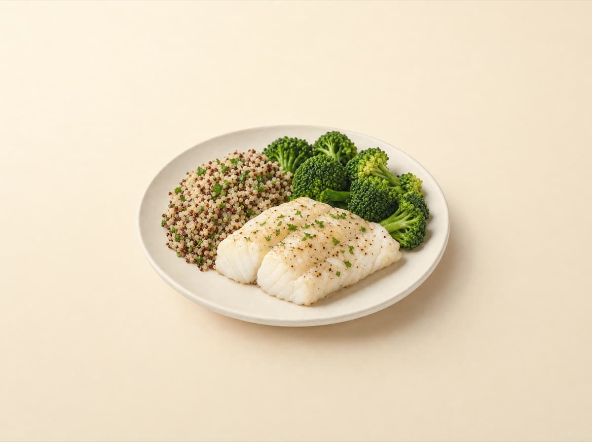 The plate: steamed cod with quinoa and broccoli.