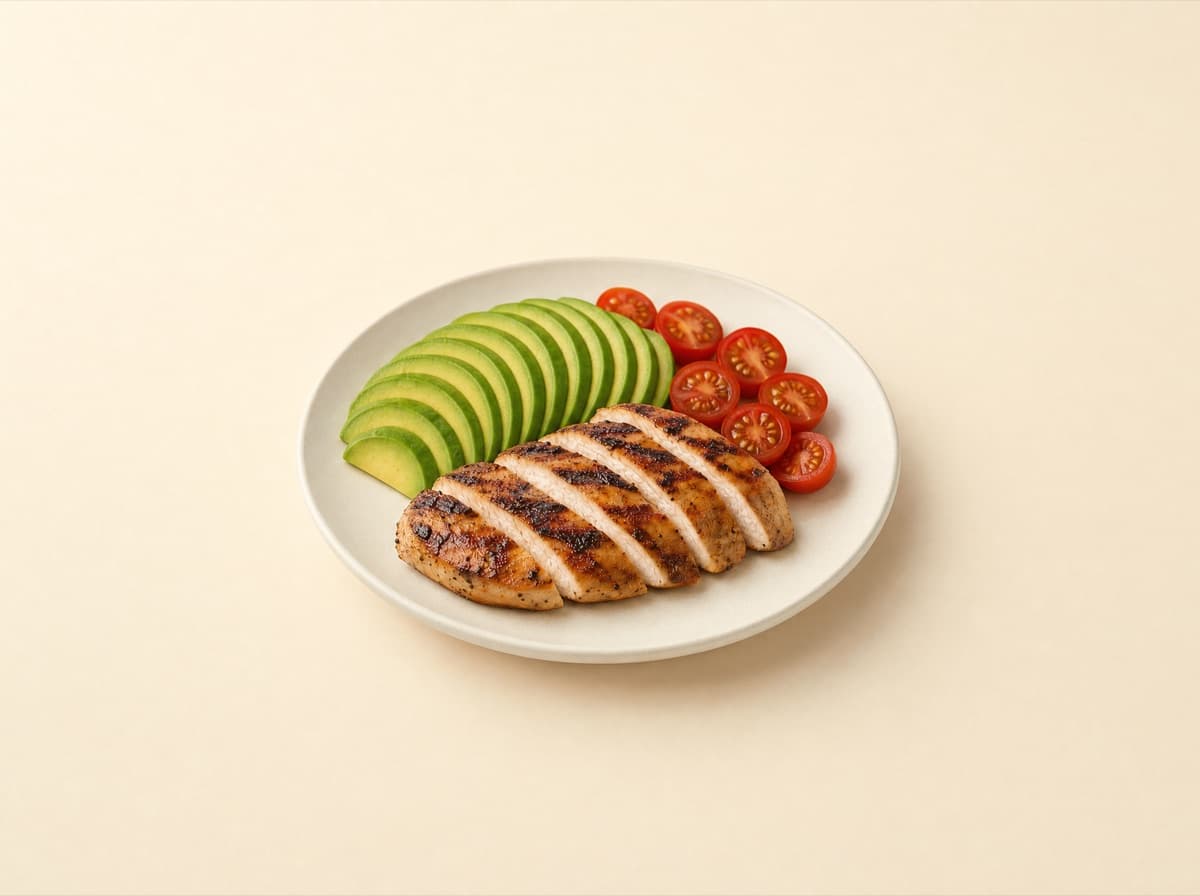 The plate: chicken salad with avocado and cherry tomatoes.