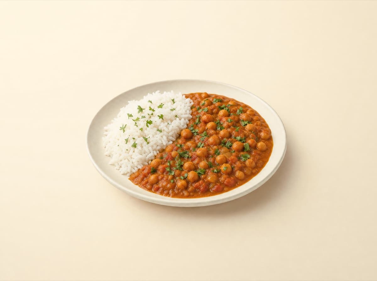 The plate: chickpea curry with basmati rice.