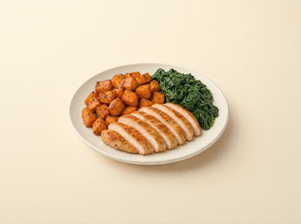 The plate: turkey cutlet with sweet potato and spinach.
