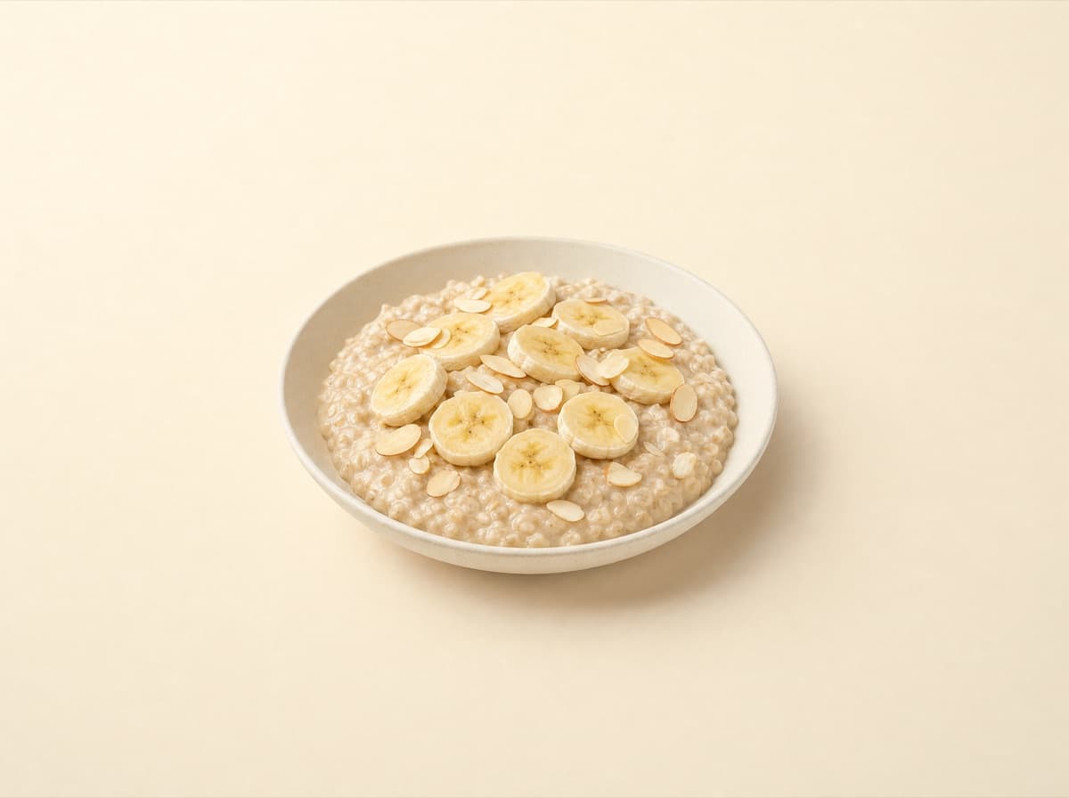 The plate: oat porridge with banana and almonds.