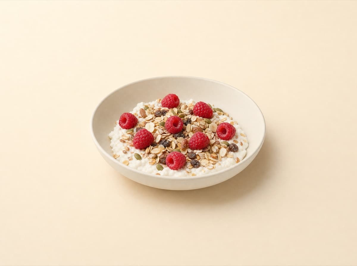 The plate: fromage blanc with muesli and raspberries.