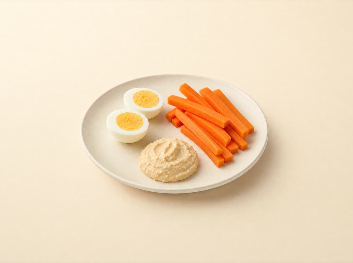 The plate: hard-boiled egg with carrots and hummus.