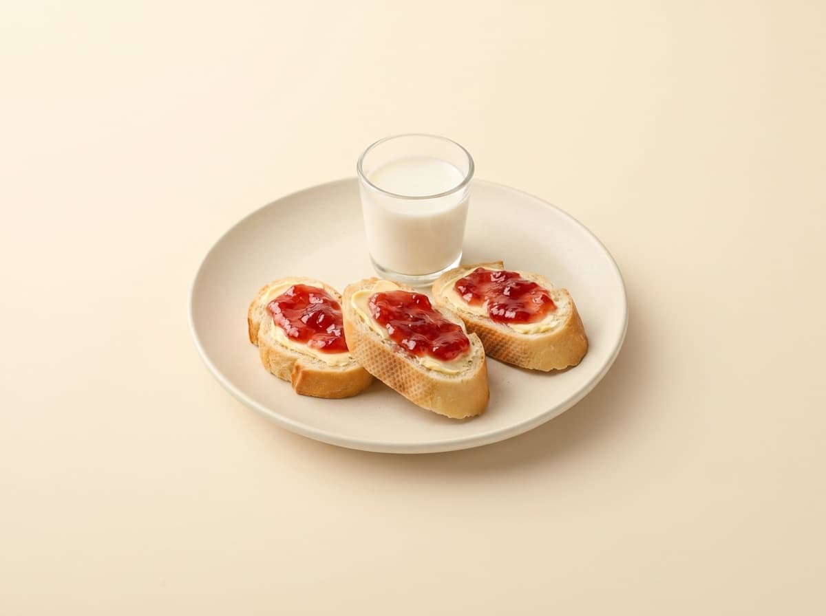 The plate: buttered toast with jam and a glass of milk.