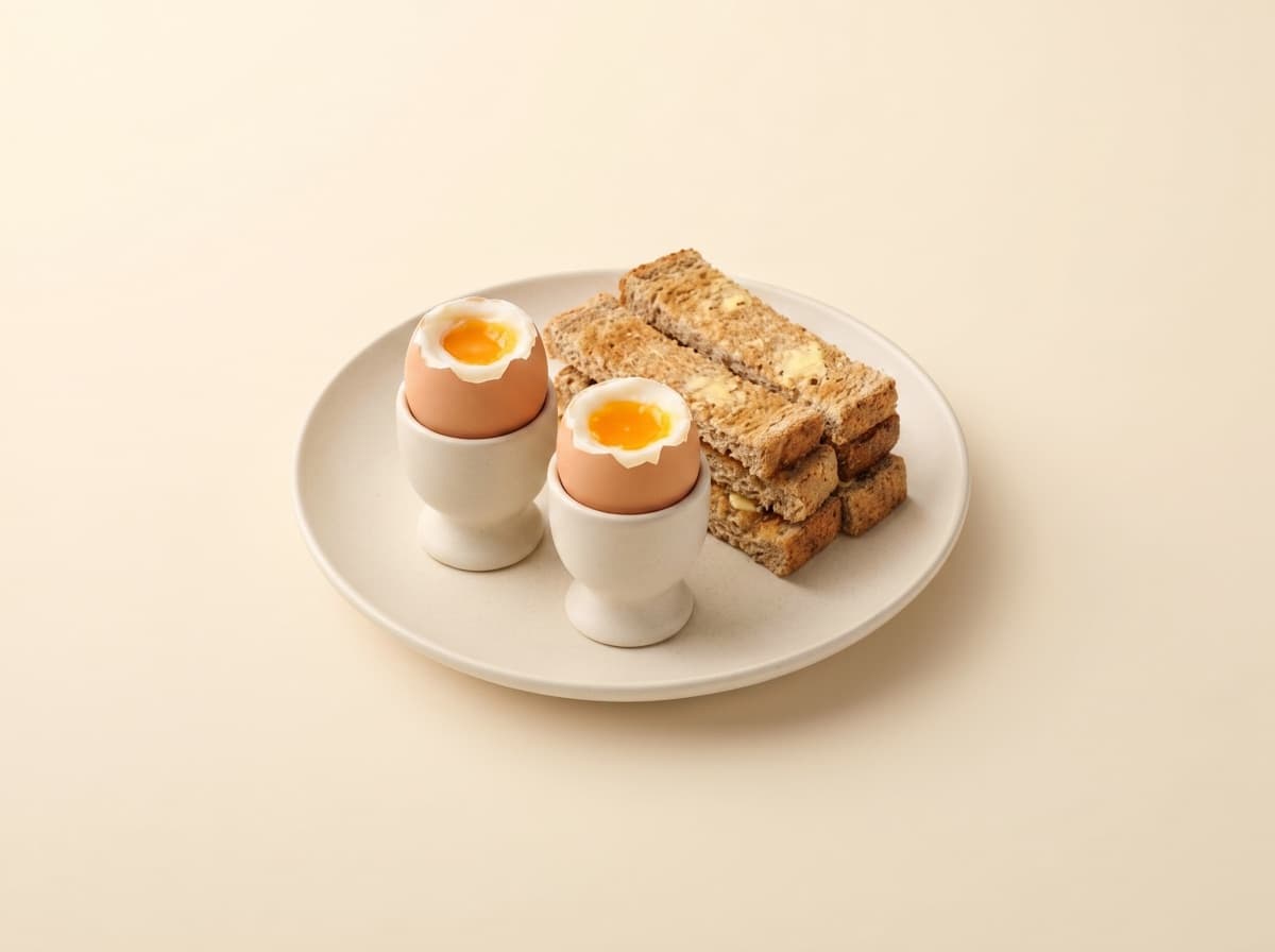 The plate: soft-boiled eggs with toast soldiers.