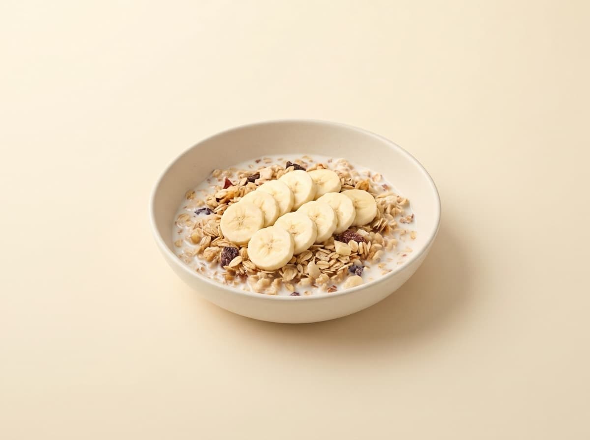 The plate: muesli with milk and banana.