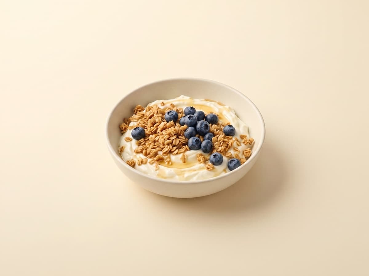The plate: greek yogurt with granola, blueberries and honey.
