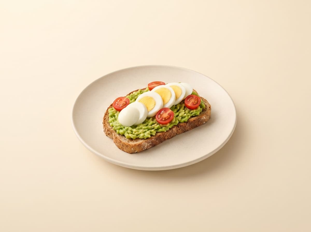 The plate: avocado toast with egg and cherry tomatoes.