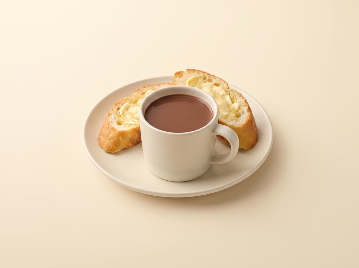 The plate: hot chocolate with buttered toast.