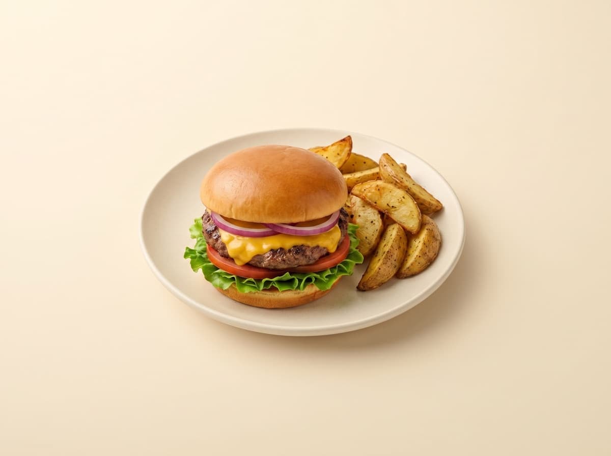 The plate: homemade burger with oven-roasted potatoes.