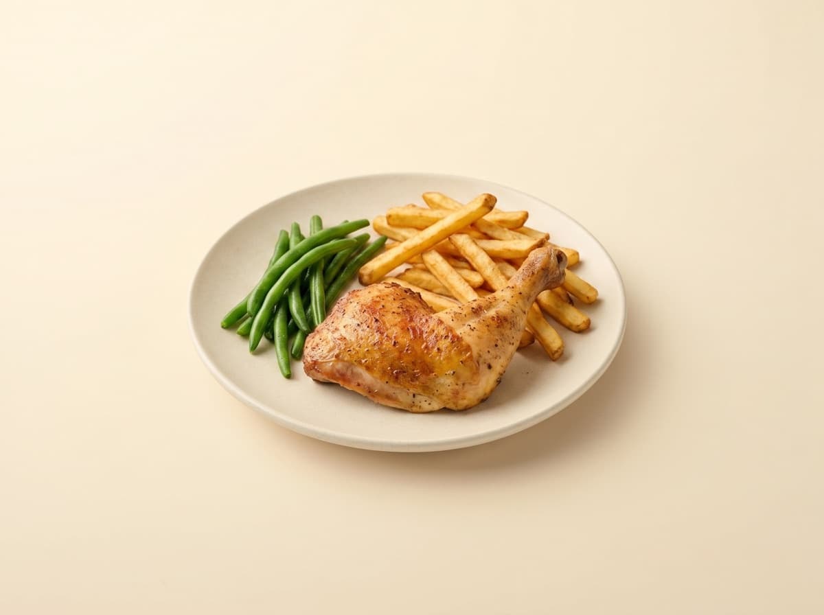 The plate: roast chicken with oven fries and green beans.