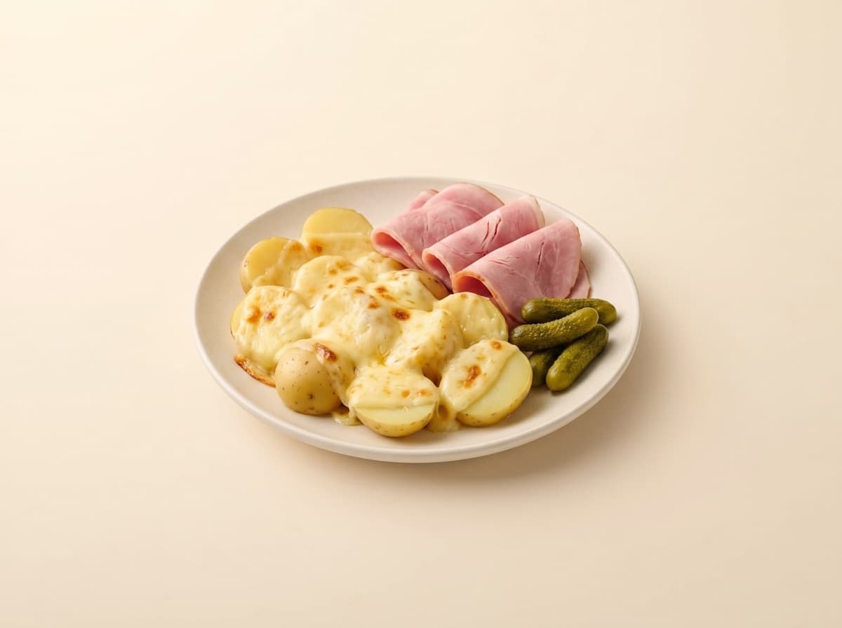 The plate: raclette with potatoes and ham.