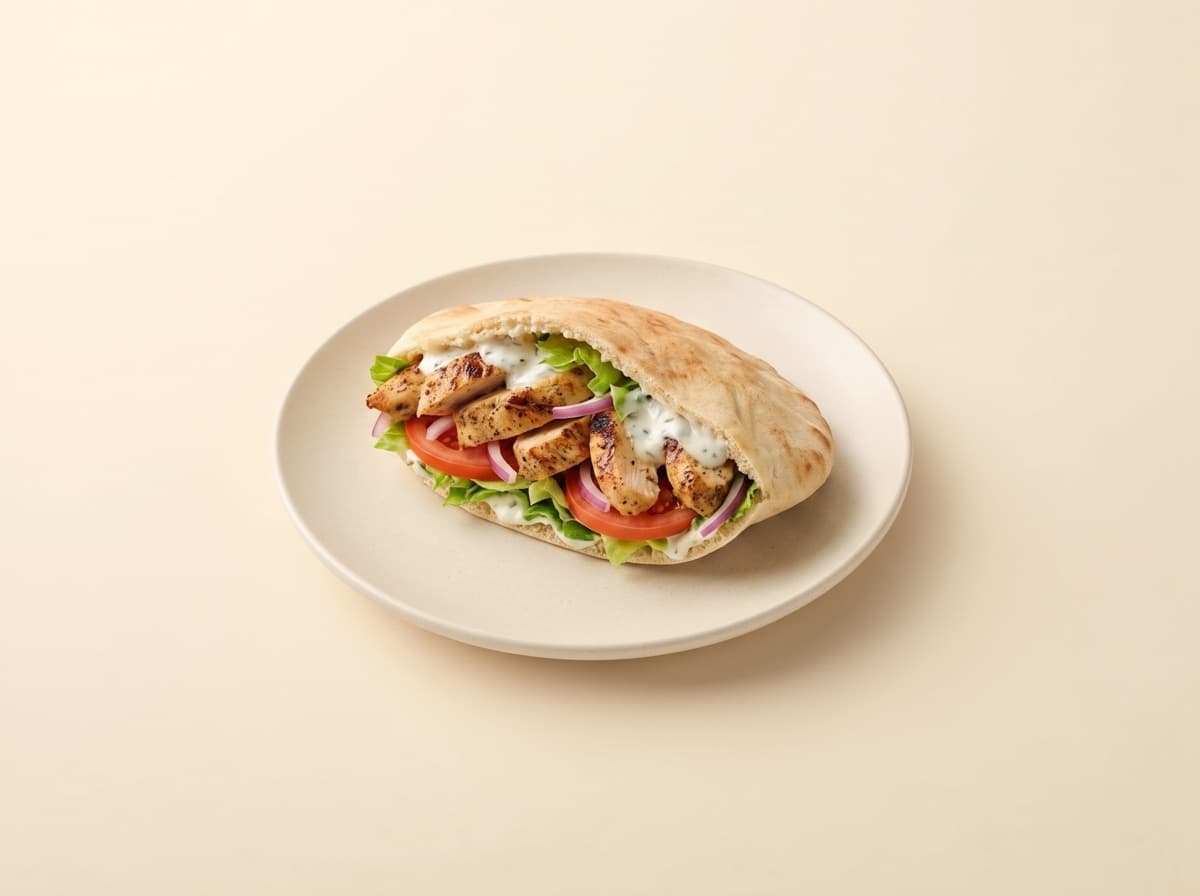 The plate: homemade chicken kebab with white sauce.