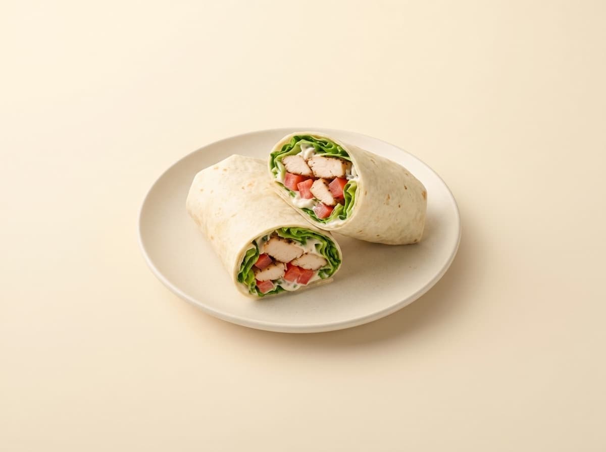 The plate: chicken wrap with fresh vegetables.