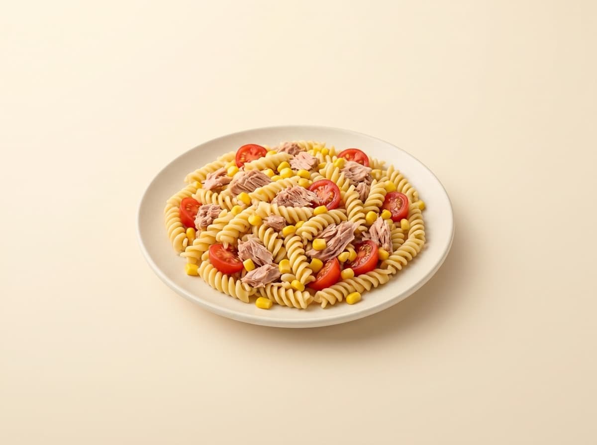 The plate: pasta salad with tuna and sweet corn.