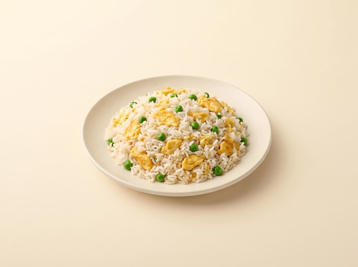 The plate: fried rice with eggs and peas.