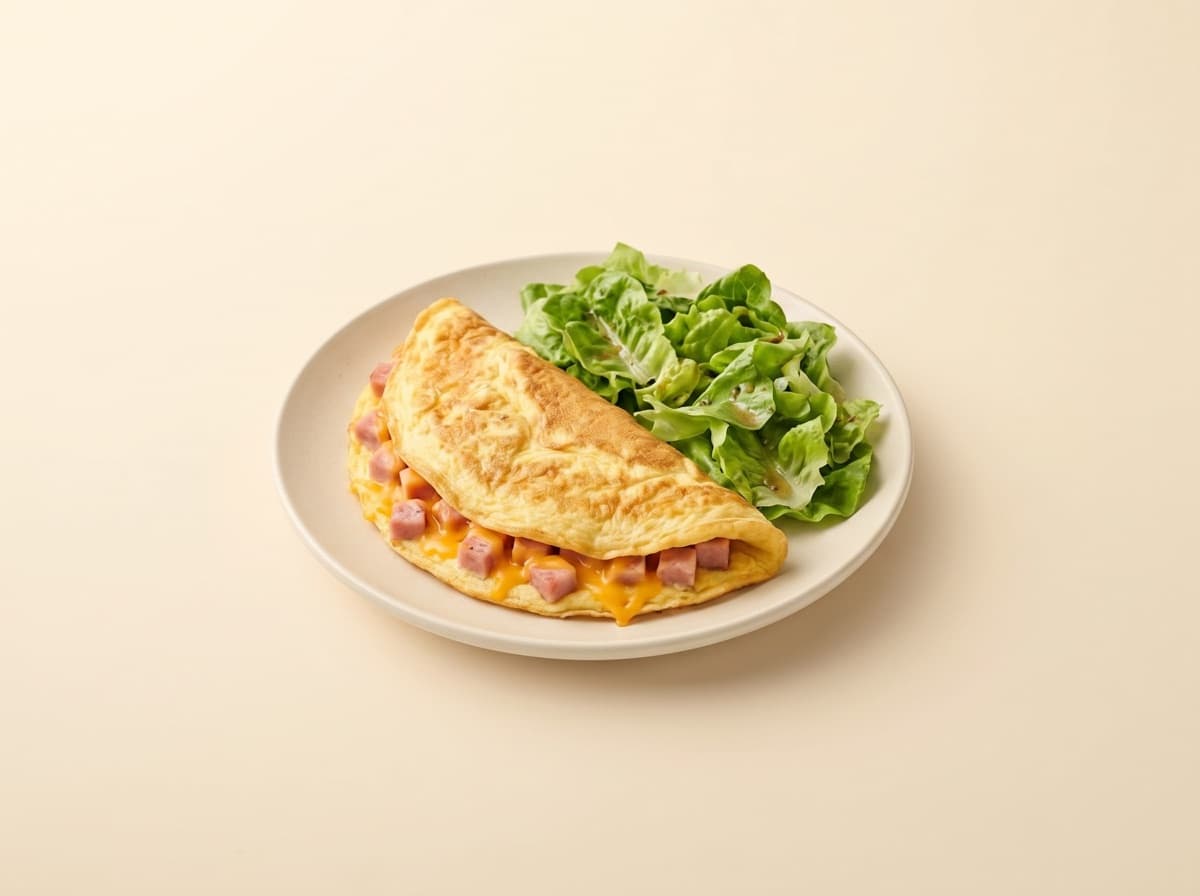 The plate: ham and cheese omelet with salad.