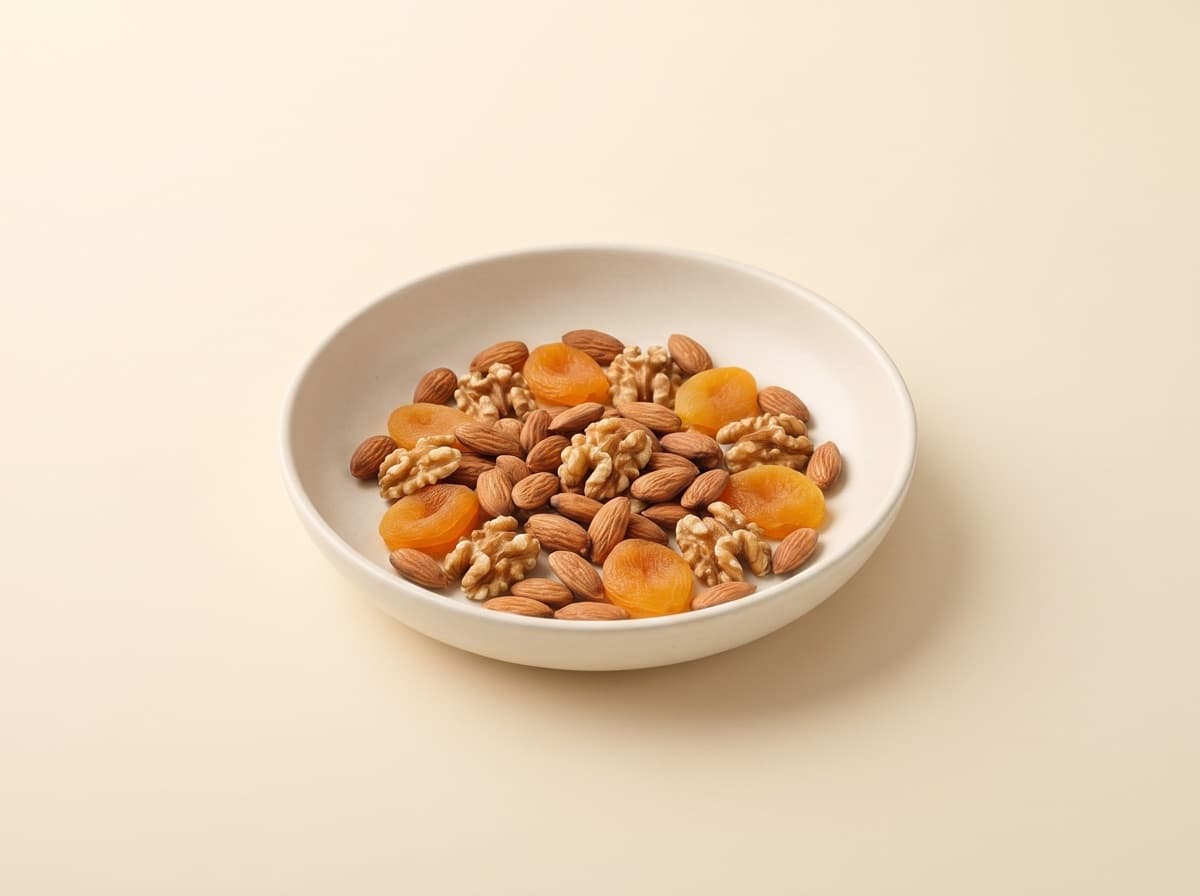 The plate: almonds, walnuts and dried apricots.