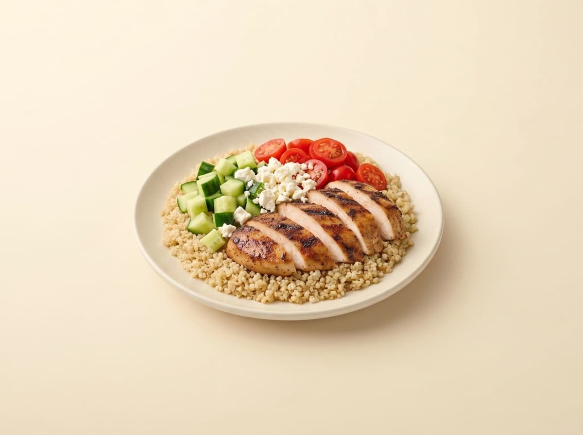 The plate: quinoa salad with chicken, cucumber and feta.