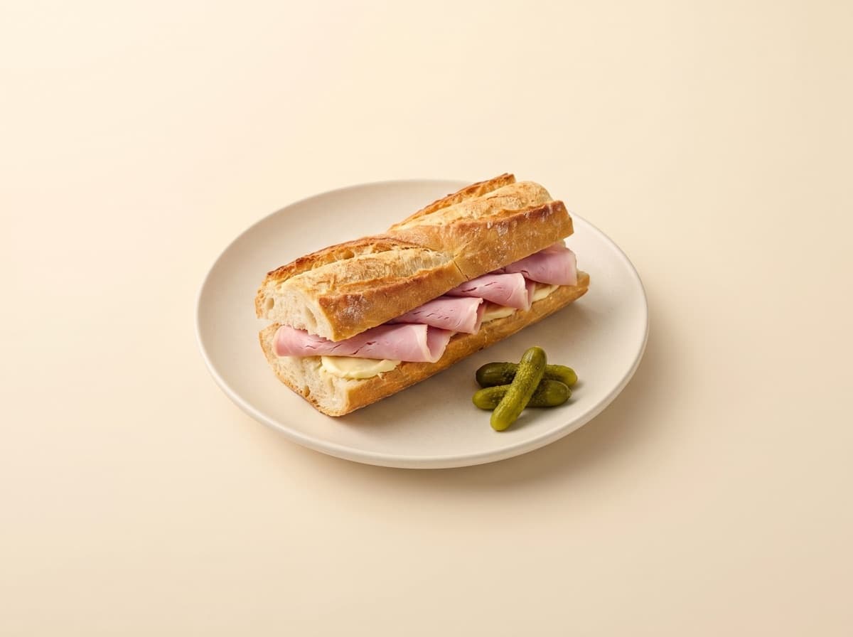 The plate: ham and butter baguette with pickles.