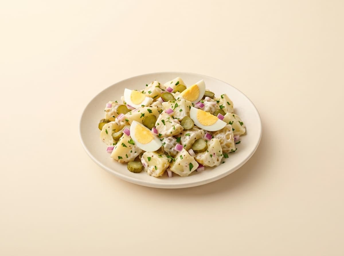 The plate: potato salad with eggs and pickles.