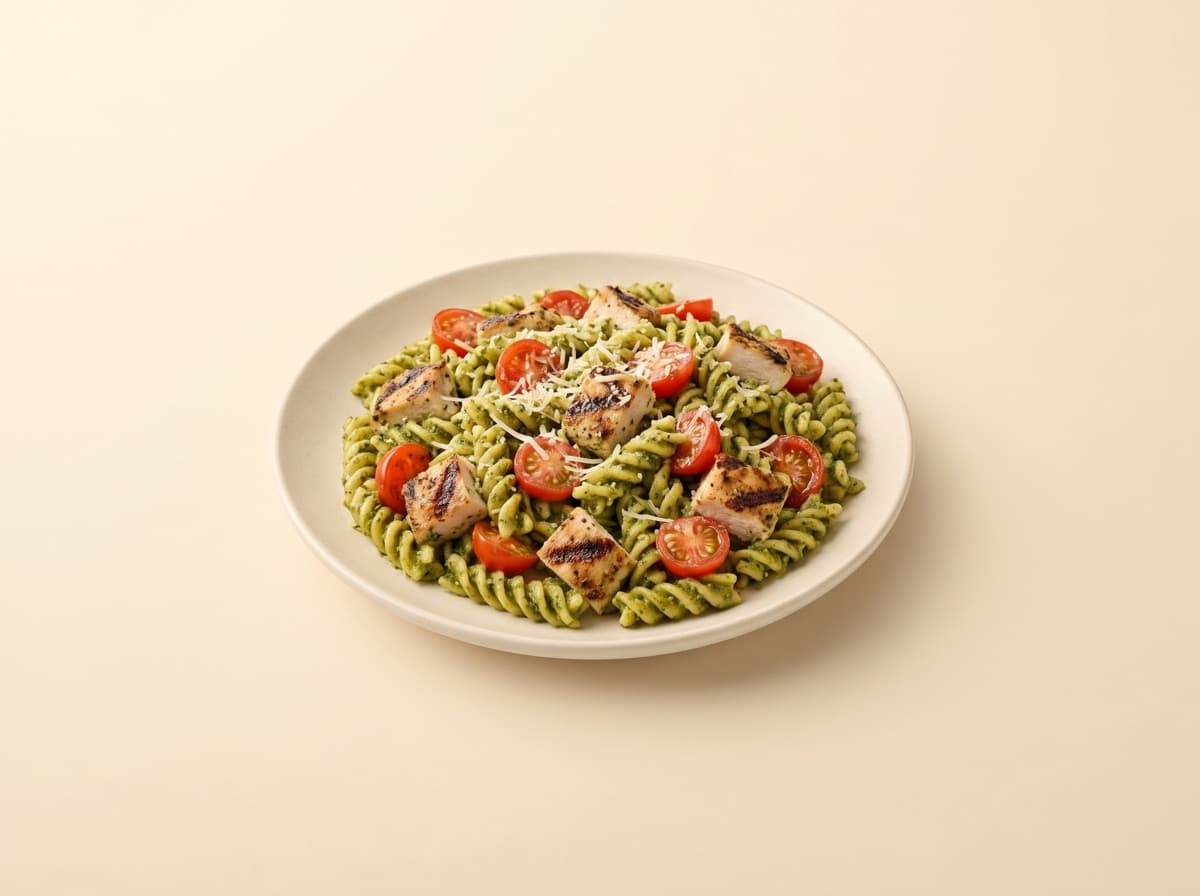 The plate: pasta with pesto and chicken.