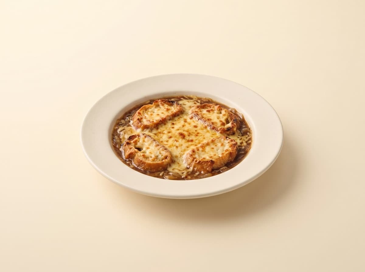 The plate: french onion soup.