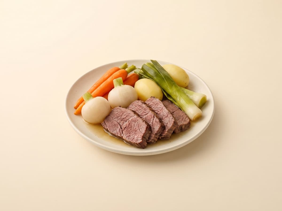 The plate: pot-au-feu beef and vegetable stew.