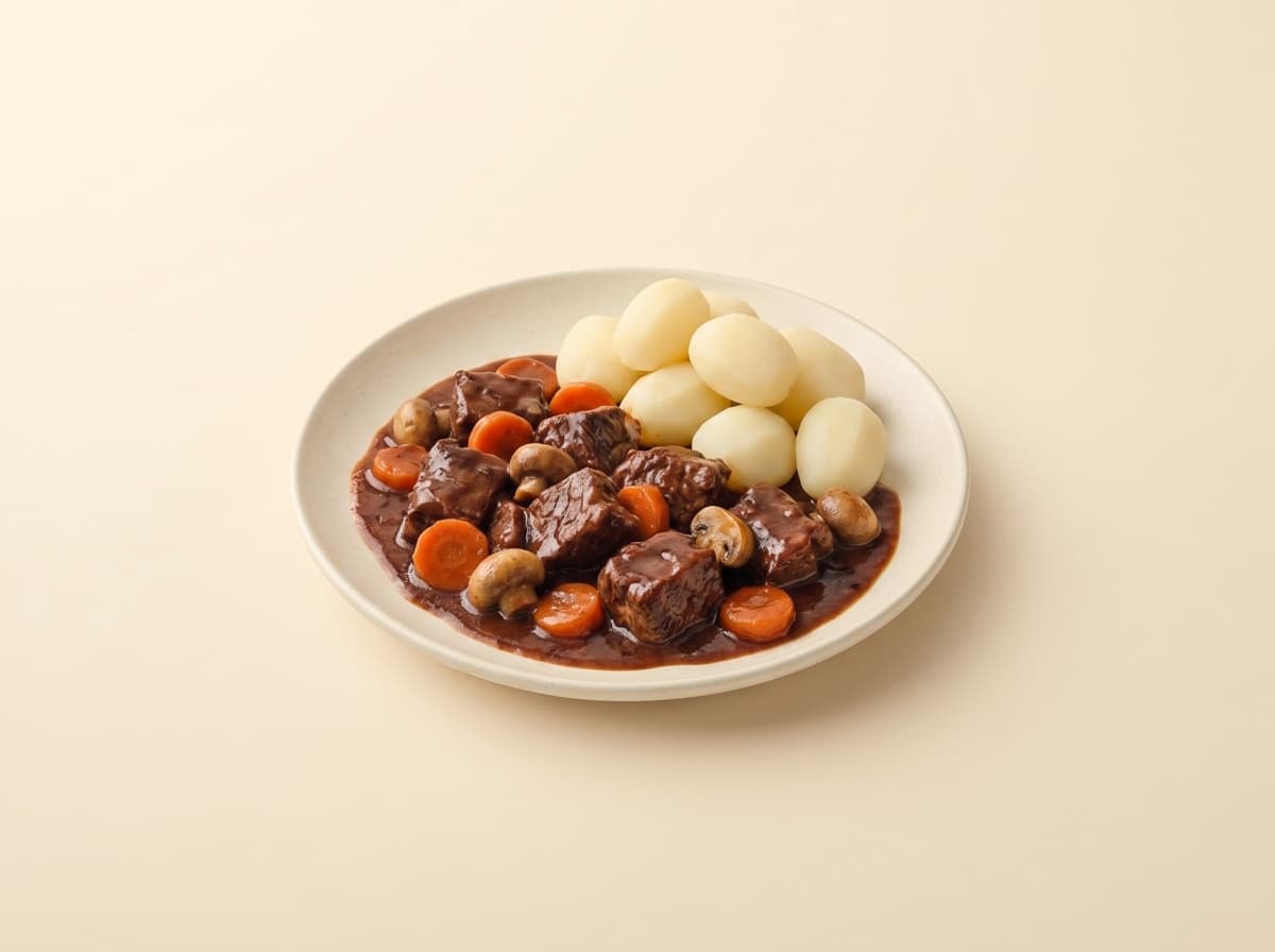The plate: beef bourguignon with potatoes.