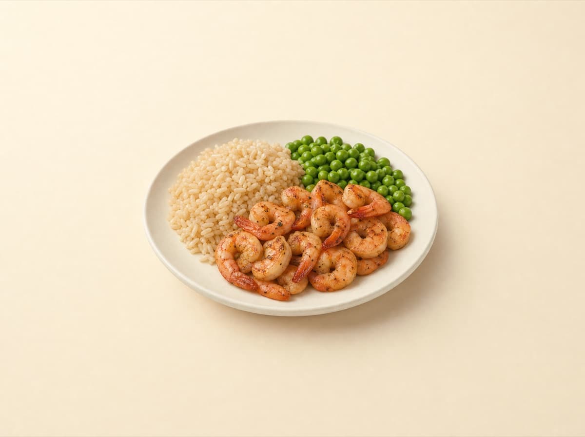 The plate: sauteed shrimp with brown rice and peas.