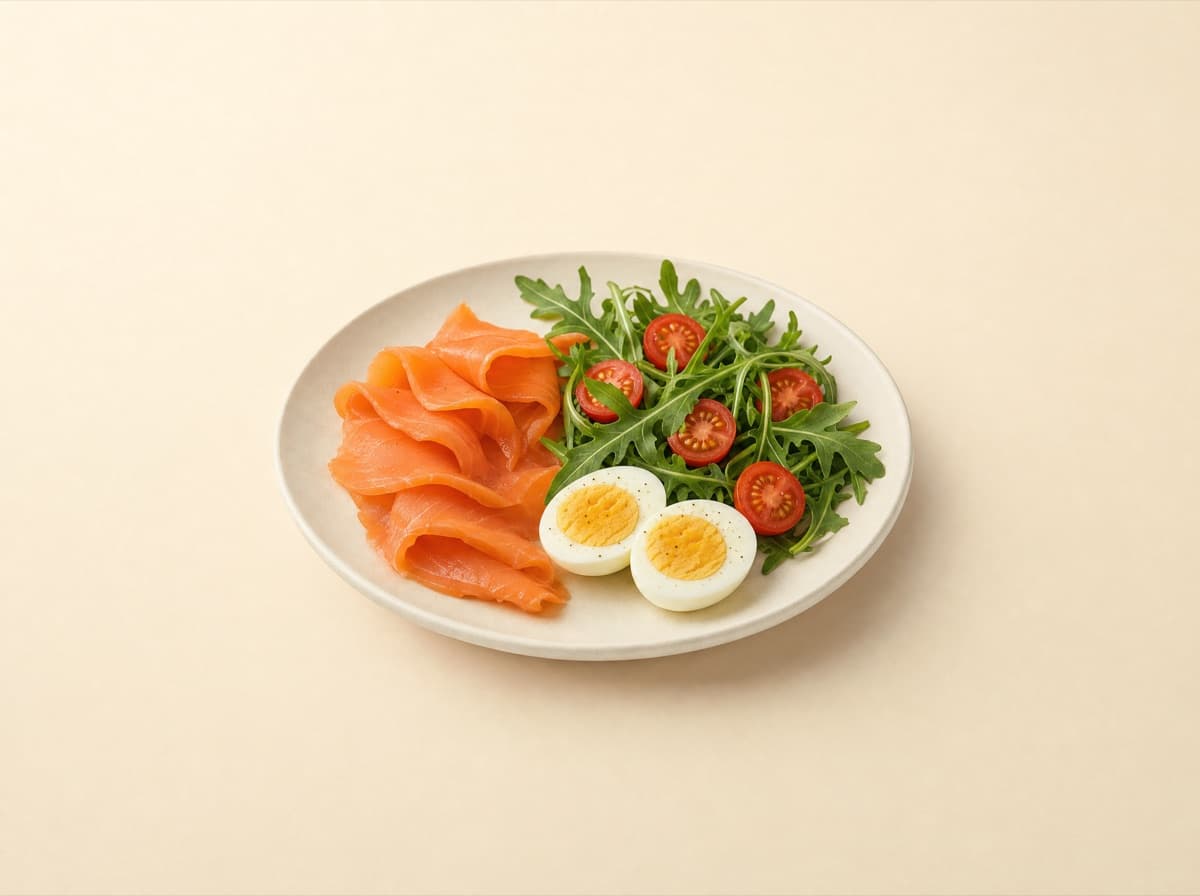 The plate: smoked salmon with hard-boiled eggs and arugula.