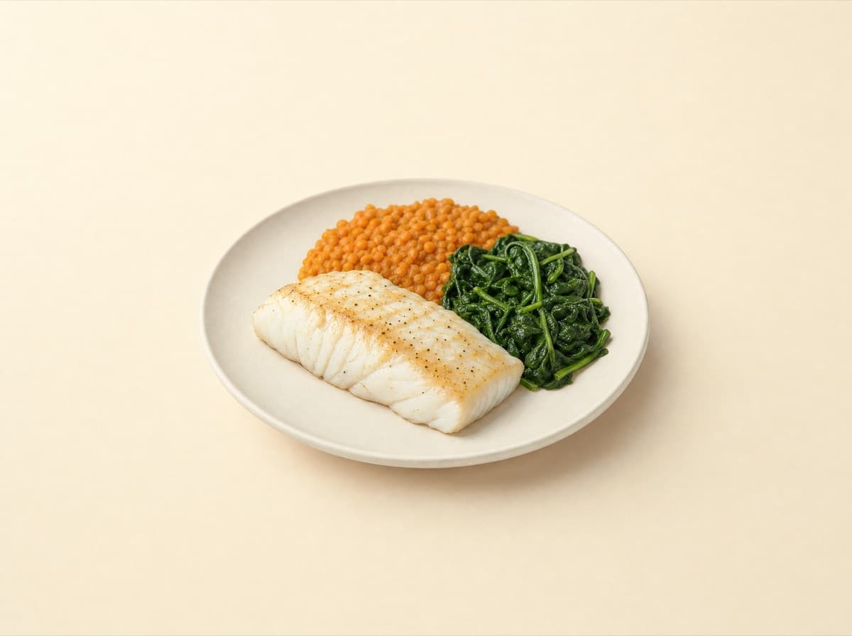 The plate: cod with red lentils and spinach.