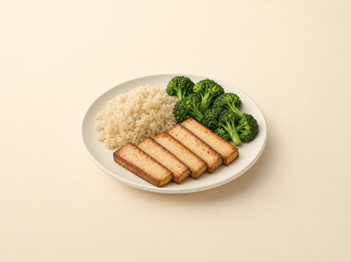 The plate: smoked tofu with quinoa and broccoli.