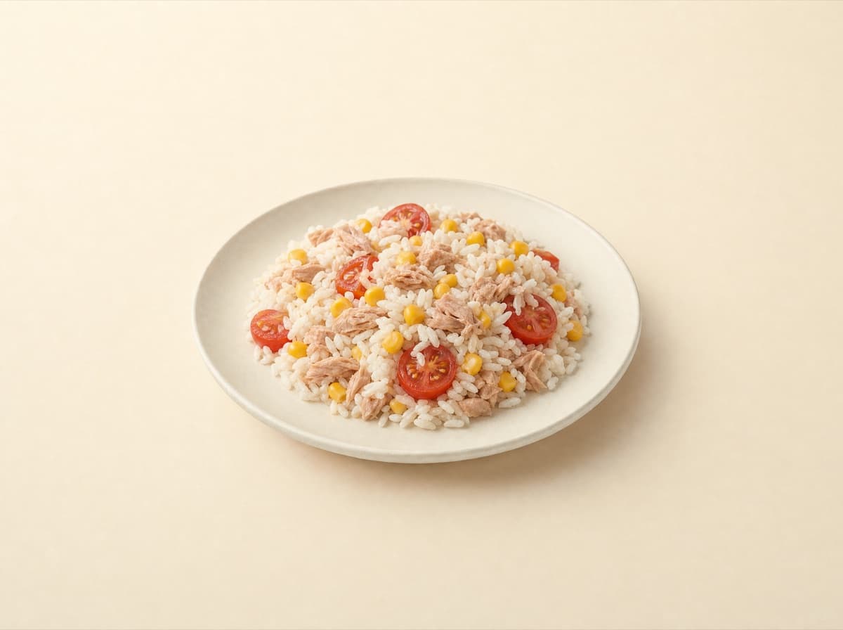 The plate: rice salad with tuna and sweet corn.
