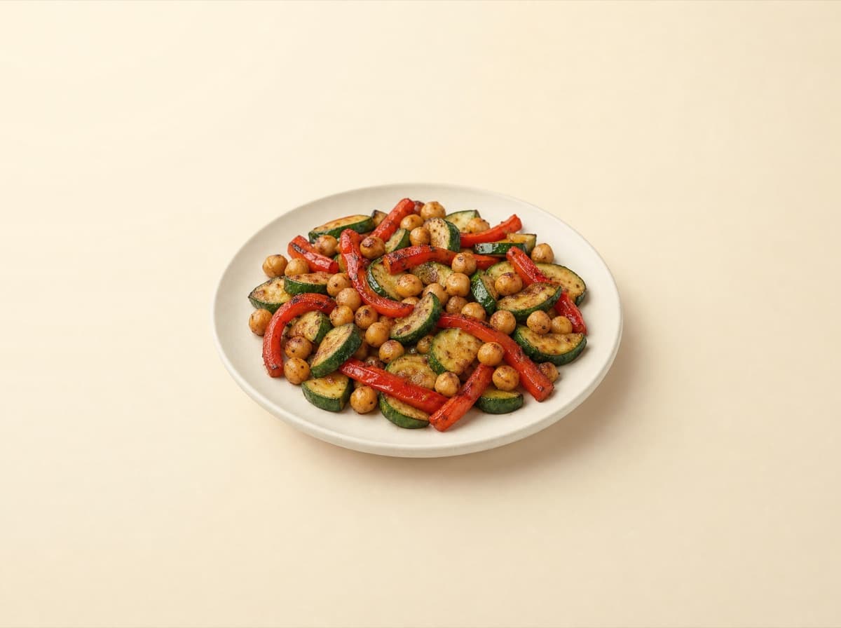 The plate: pan-fried chickpeas with peppers and zucchini.