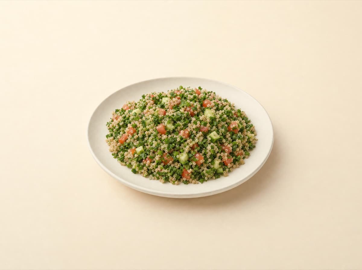 The plate: quinoa tabbouleh with tomato and cucumber.