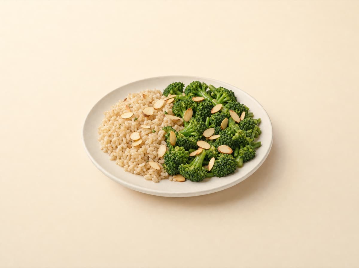 The plate: brown rice with broccoli and toasted almonds.