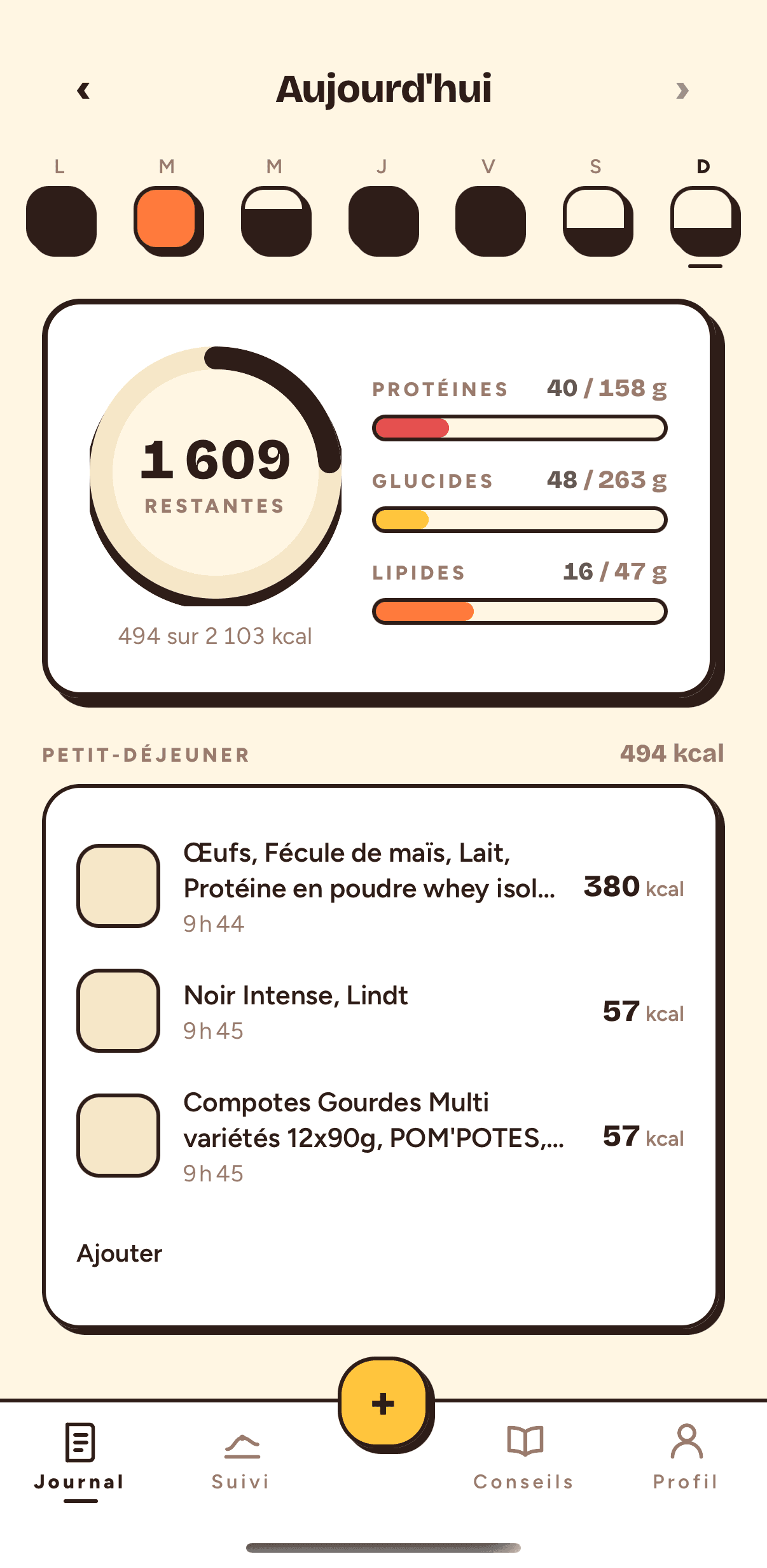 L'écran du journal : 1 609 kcal restantes sur 2 103, les protéines, les glucides et les lipides en barres, et trois aliments consignés au petit-déjeuner avec leur heure.