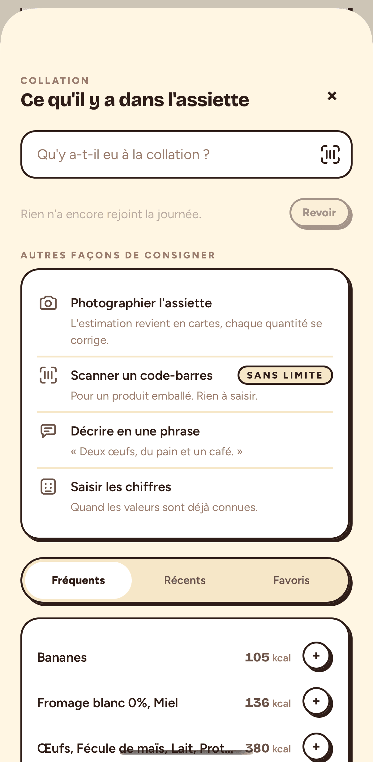 L'écran de saisie d'une collation : un champ de recherche avec le scan de code-barres, puis quatre façons de consigner un repas, dont le code-barres marqué sans limite.