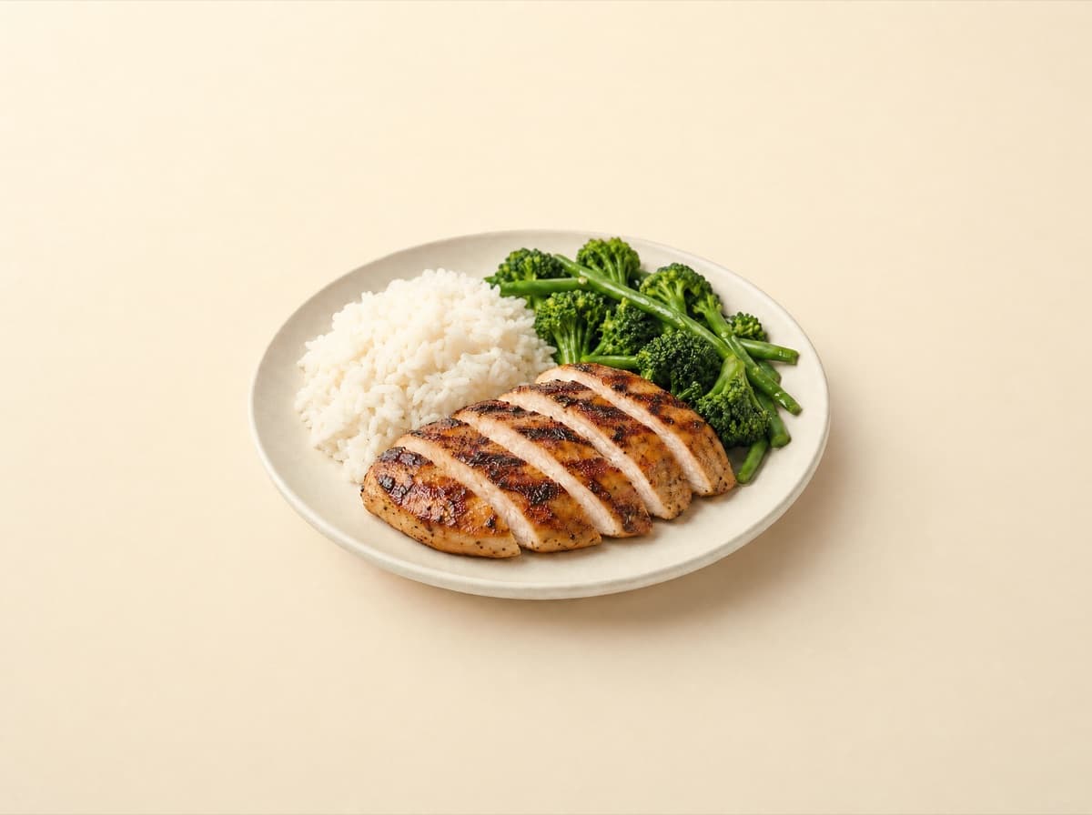 The plate: grilled chicken with rice and greens.