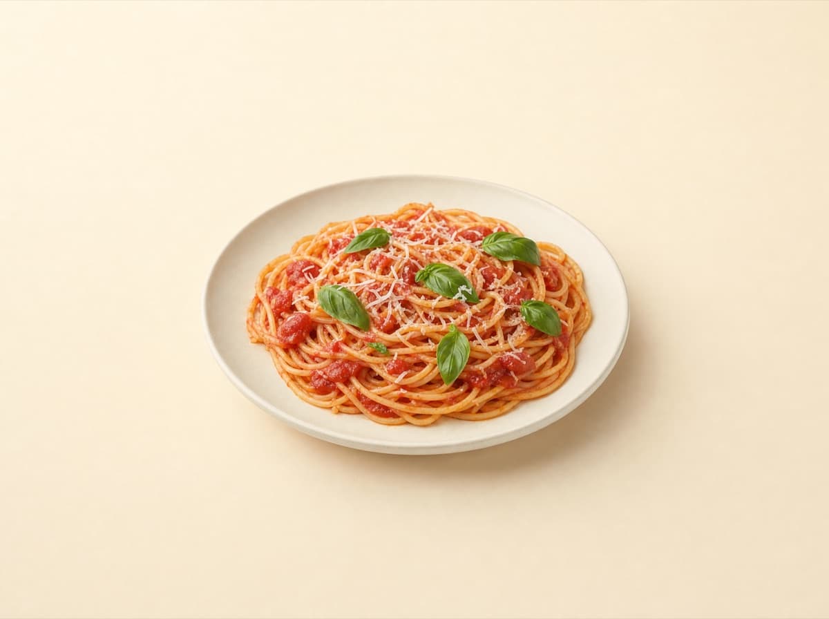 The plate: pasta with tomato sauce and basil.