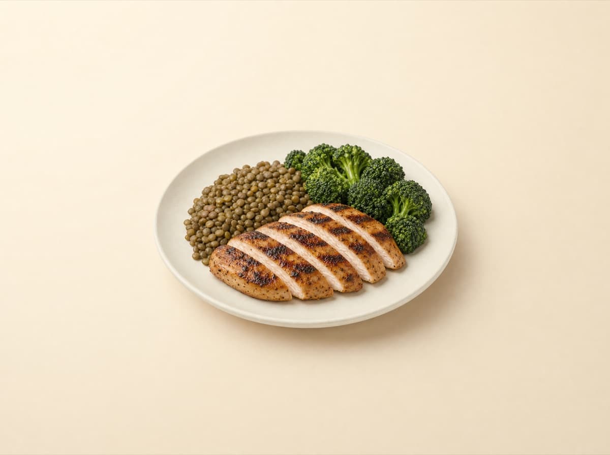 The plate: chicken breast with green lentils and broccoli.