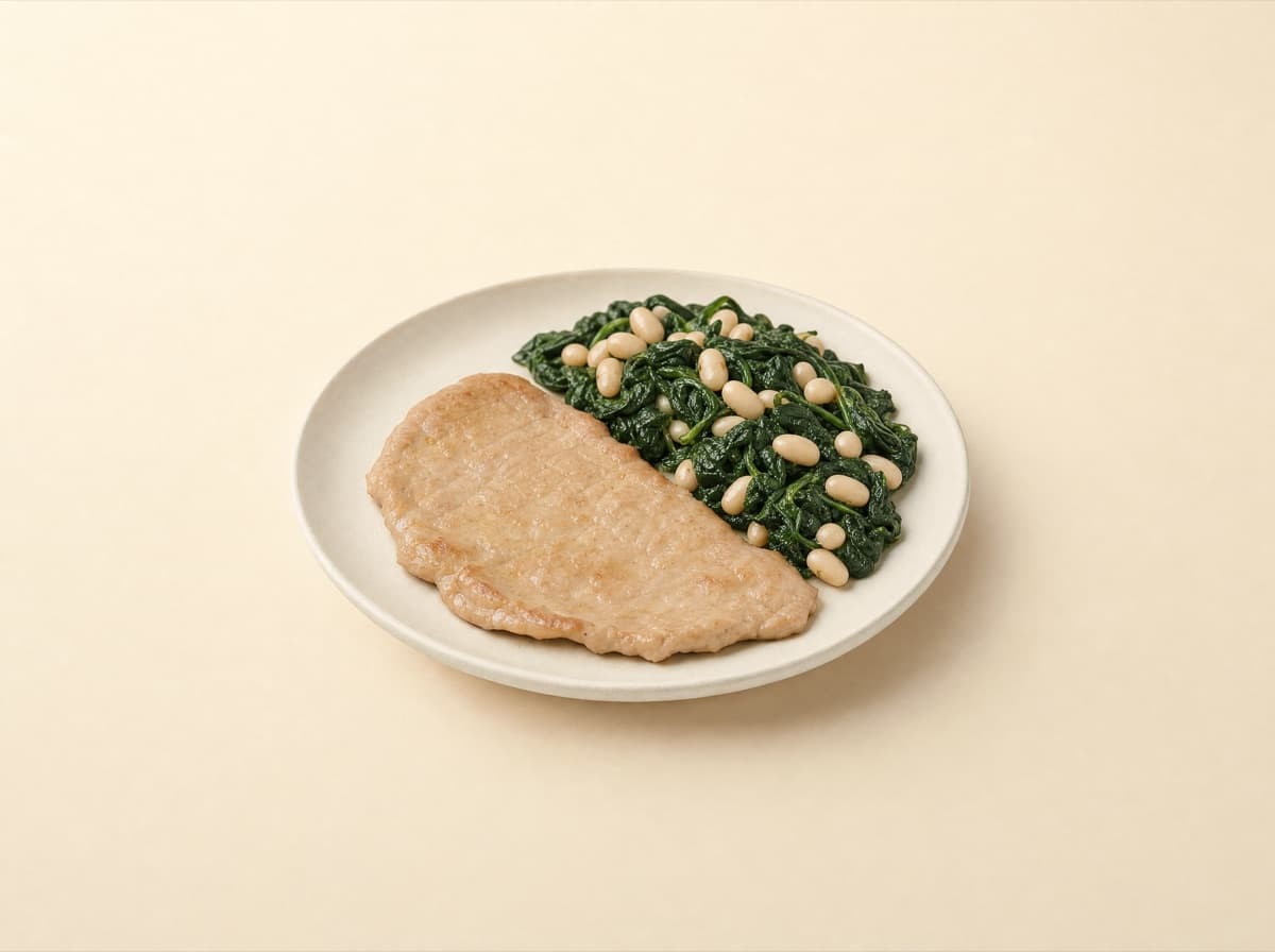 The plate: veal cutlet with spinach and white beans.
