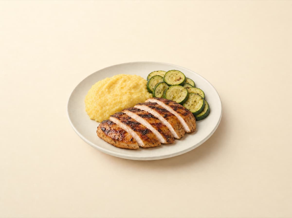 The plate: chicken breast with polenta and zucchini.