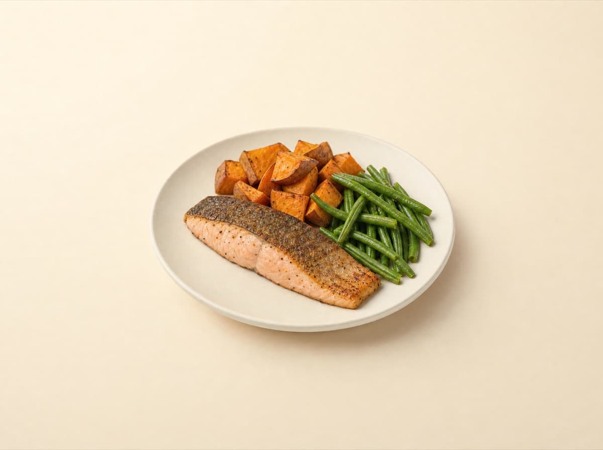 The plate: roasted trout with sweet potato and green beans.