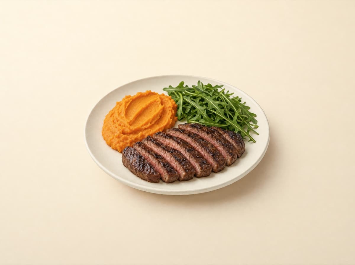The plate: beef steak with sweet potato mash and arugula.