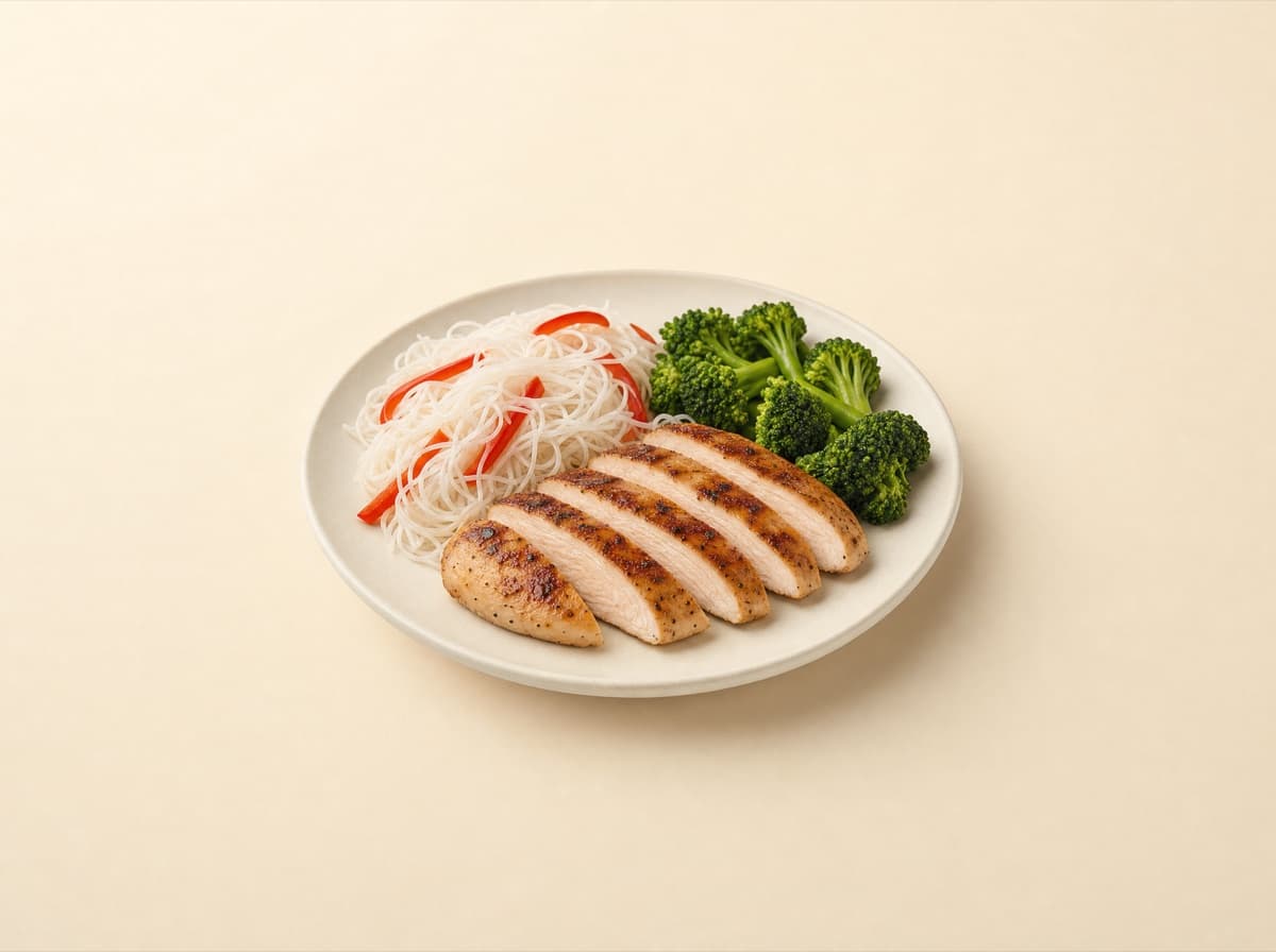 The plate: turkey stir-fry with rice vermicelli and vegetables.
