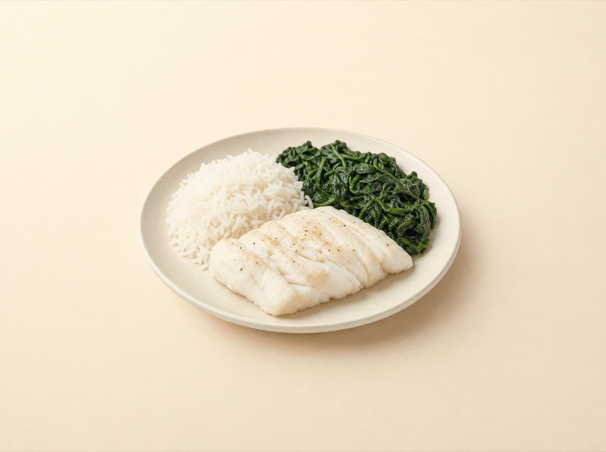 The plate: cod with basmati rice and spinach, as the recipe puts it together.