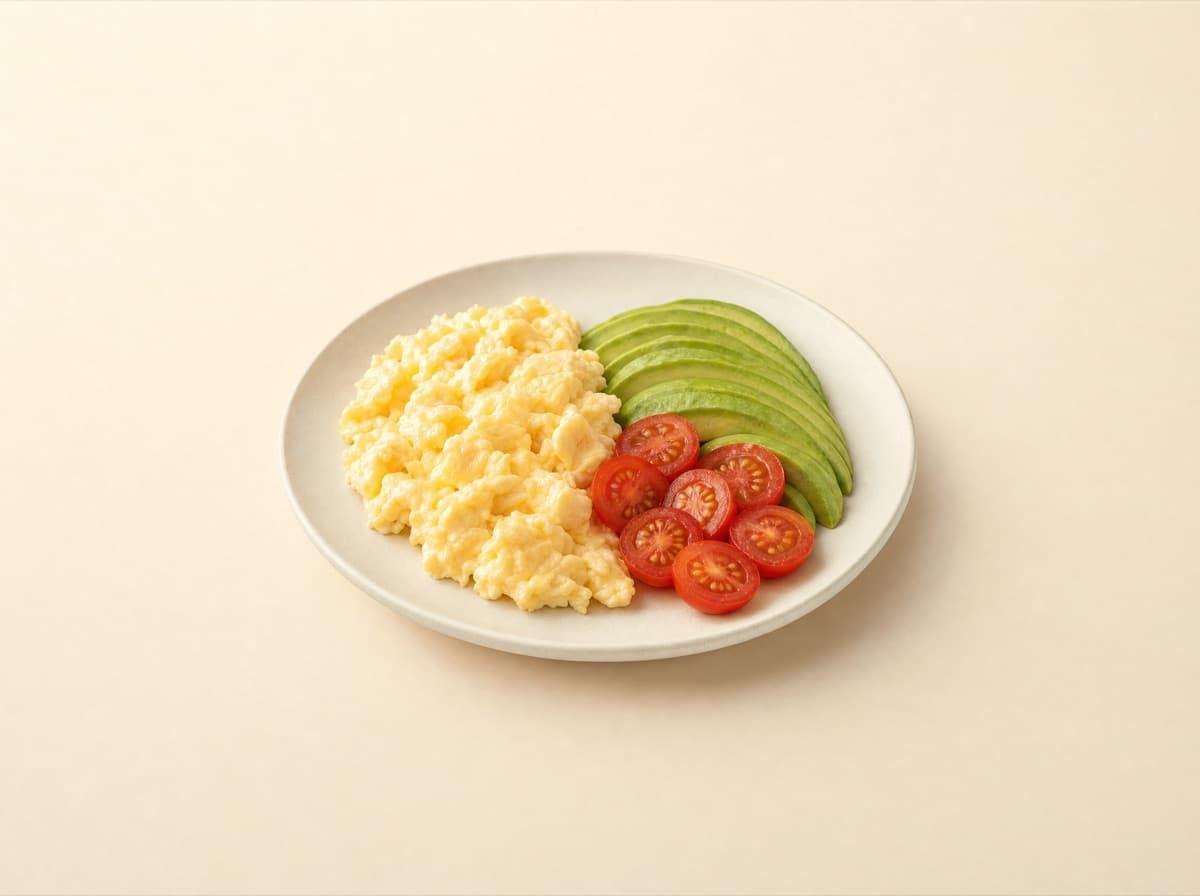 The plate: scrambled eggs with avocado and cherry tomatoes, as the recipe puts it together.